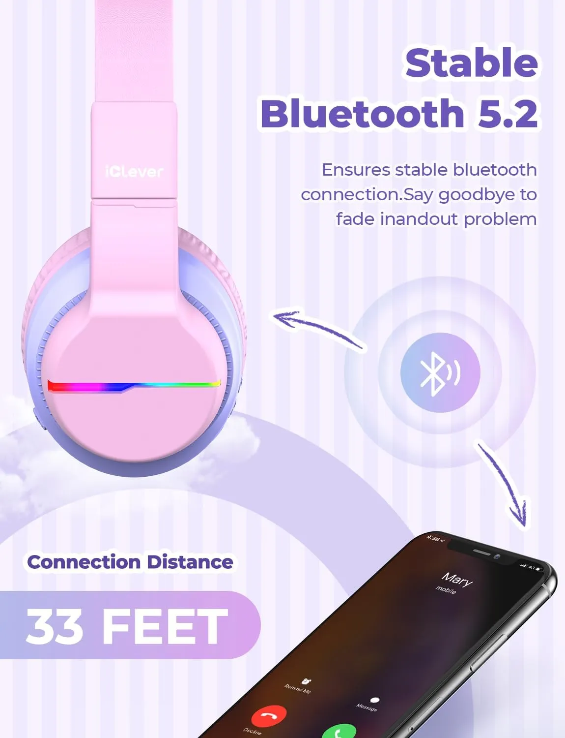 iClever BTH12 Kids Bluetooth Headphones,Colorful LED Lights Wireless Kids Headphones,74/85dBA Safe Volume,85H Playtime,Bluetooth 5.2,Over Ear Headphones Built-in Mic for iPad/Tablet/Airplane,Pink