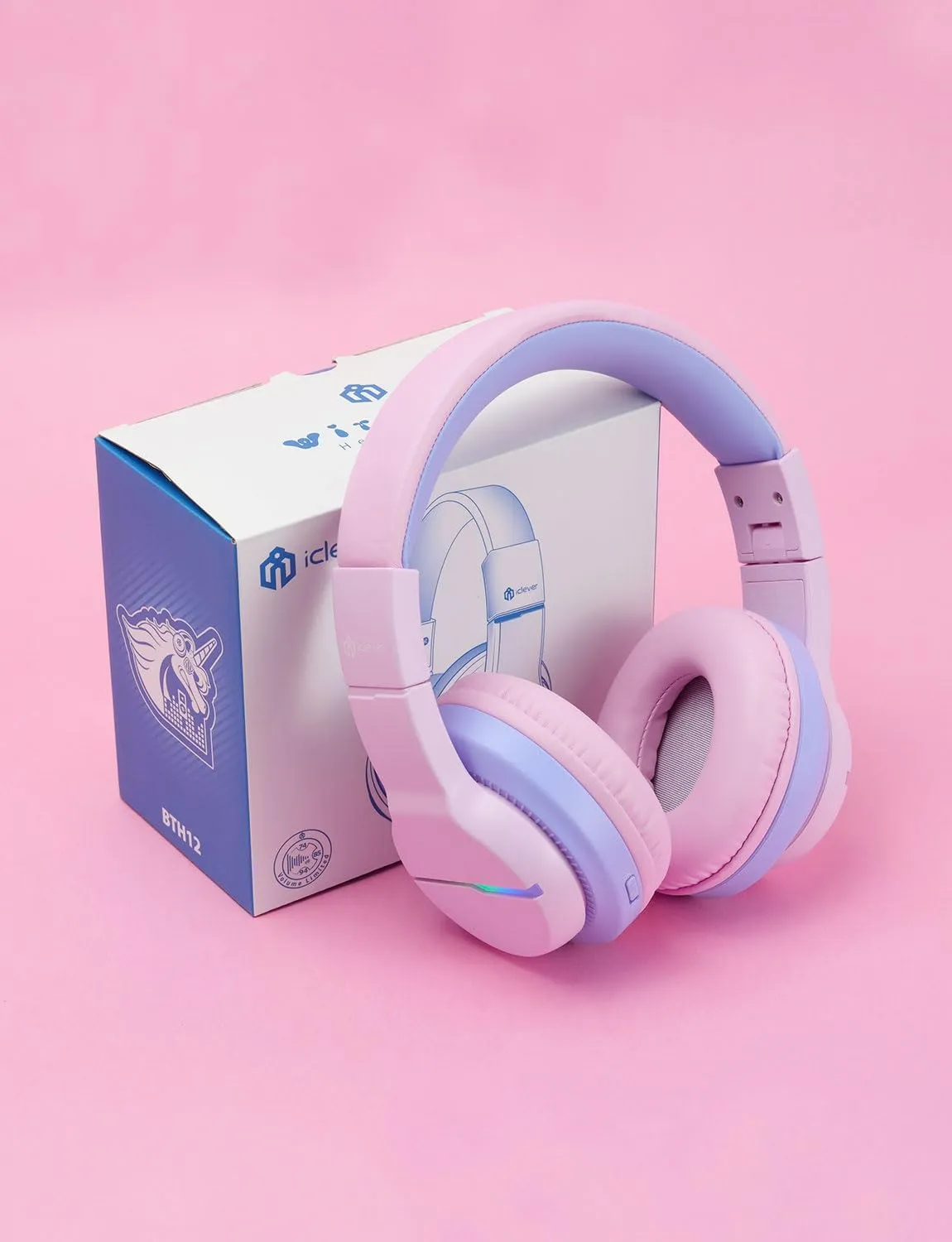 iClever BTH12 Kids Bluetooth Headphones,Colorful LED Lights Wireless Kids Headphones,74/85dBA Safe Volume,85H Playtime,Bluetooth 5.2,Over Ear Headphones Built-in Mic for iPad/Tablet/Airplane,Pink