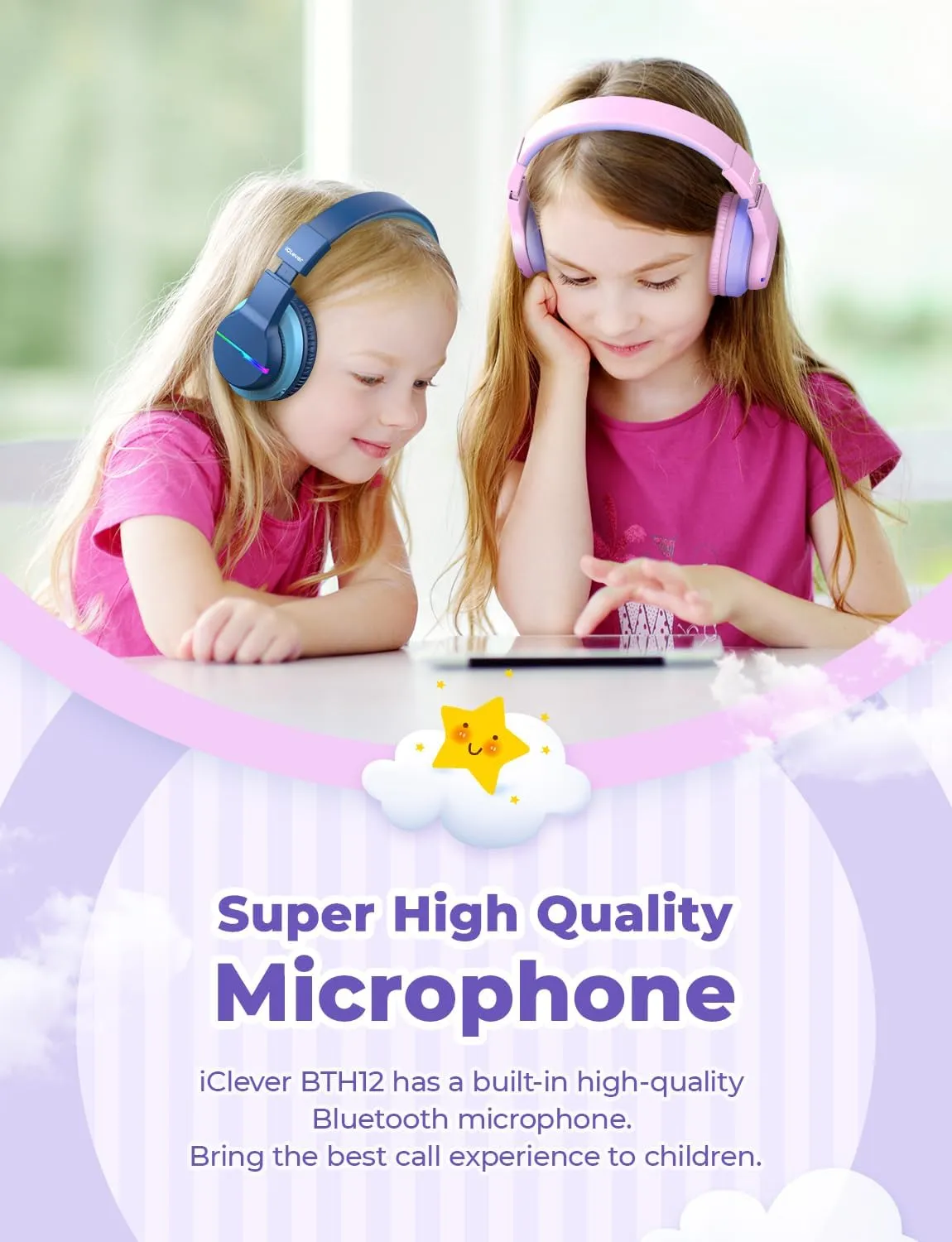 iClever BTH12 Kids Bluetooth Headphones,Colorful LED Lights Wireless Kids Headphones,74/85dBA Safe Volume,85H Playtime,Bluetooth 5.2,Over Ear Headphones Built-in Mic for iPad/Tablet/Airplane,Pink