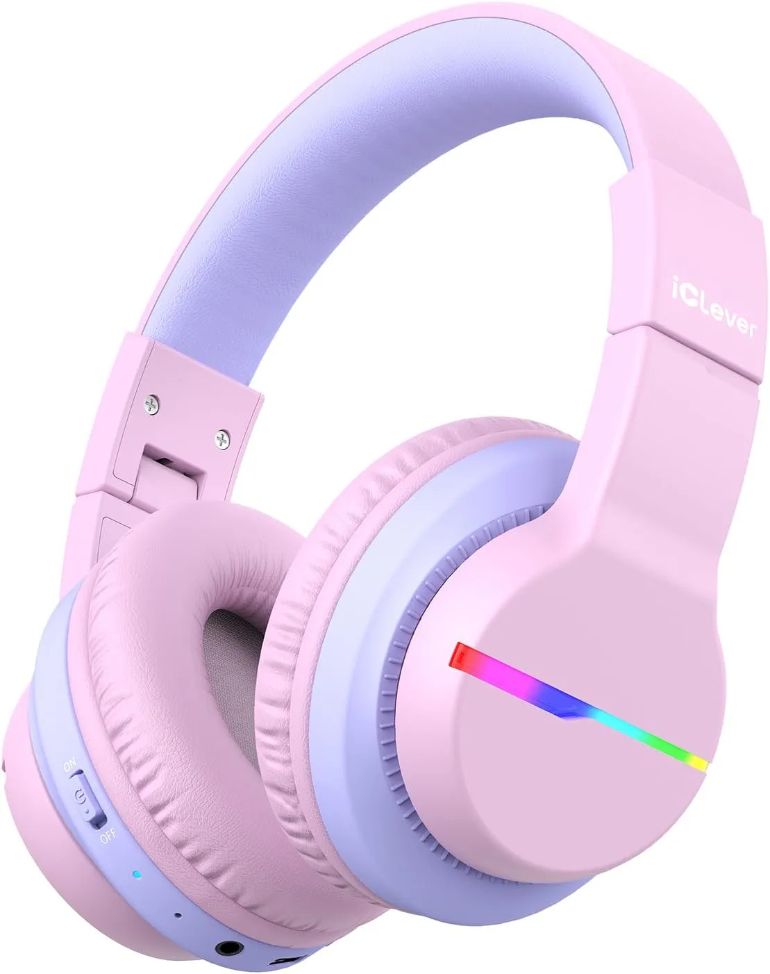 iClever BTH12 Kids Bluetooth Headphones,Colorful LED Lights Wireless Kids Headphones,74/85dBA Safe Volume,85H Playtime,Bluetooth 5.2,Over Ear Headphones Built-in Mic for iPad/Tablet/Airplane,Pink