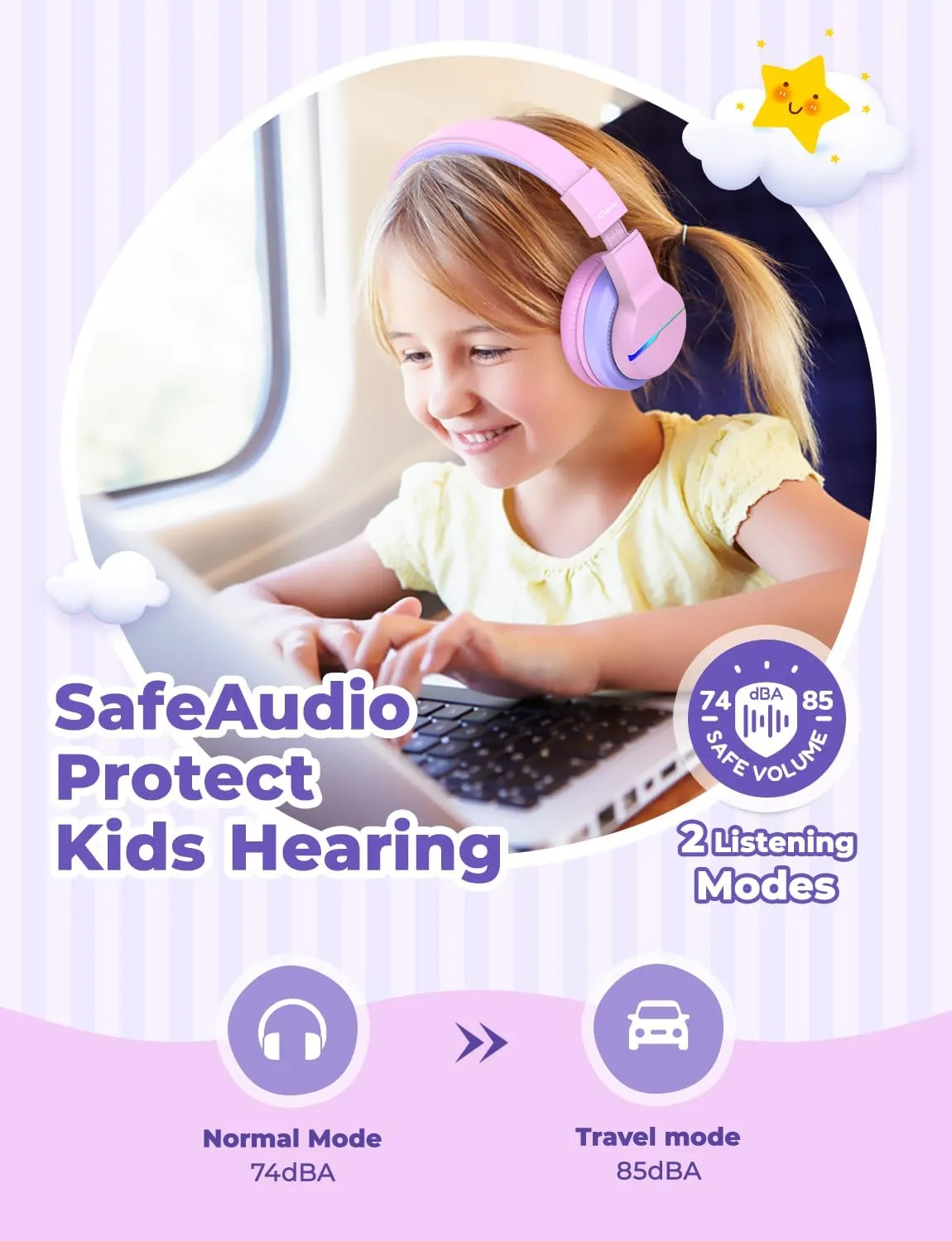 iClever BTH12 Kids Bluetooth Headphones,Colorful LED Lights Wireless Kids Headphones,74/85dBA Safe Volume,85H Playtime,Bluetooth 5.2,Over Ear Headphones Built-in Mic for iPad/Tablet/Airplane,Pink
