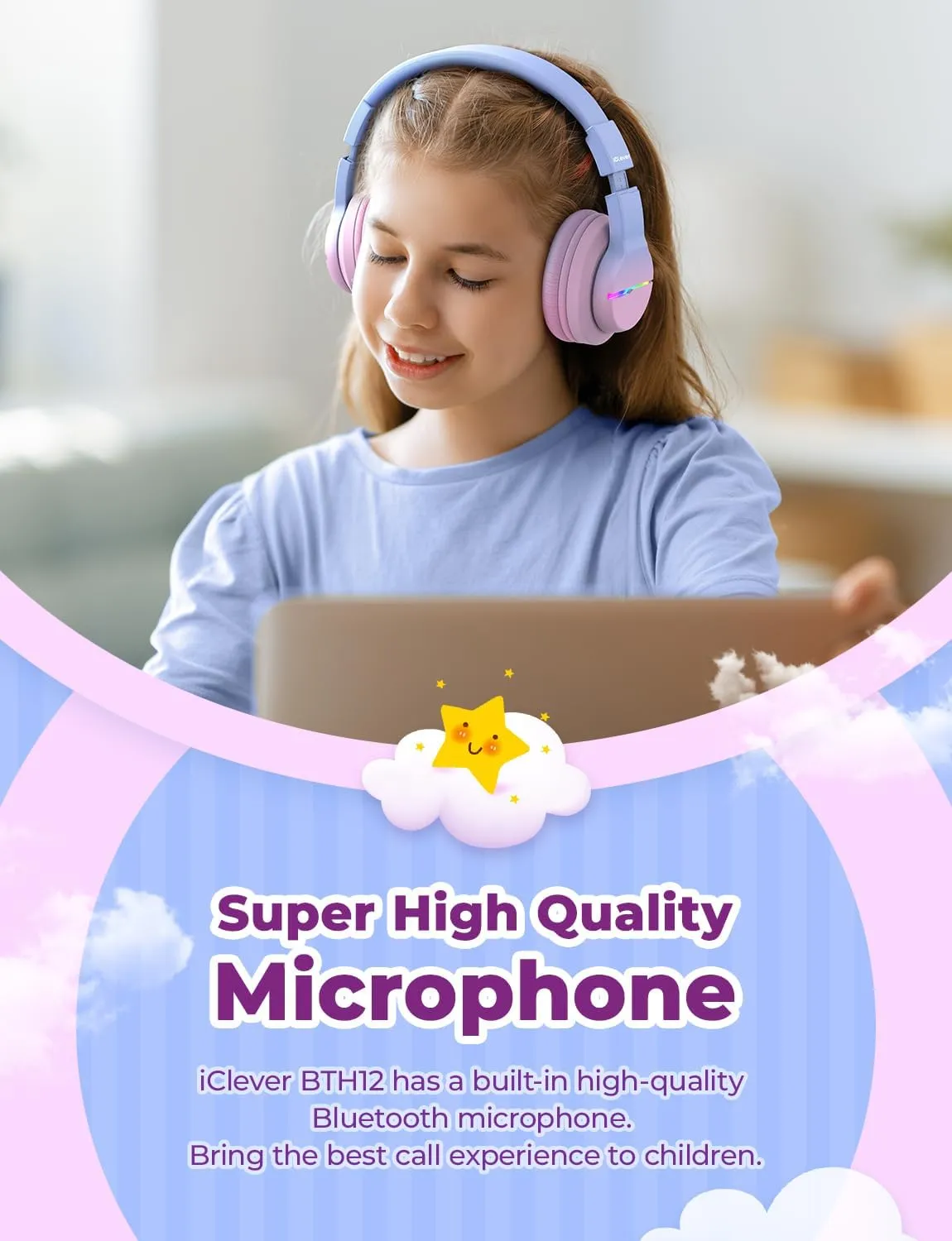 iClever BTH12 Kids Bluetooth Headphones,Colorful LED Lights,74/85dBA Safe Volume,85H Playtime,Fast Charging,Bluetooth 5.2,Over Ear Kids Headphones Wireles for iPad/Tablet/Airplane, Gradient Pink