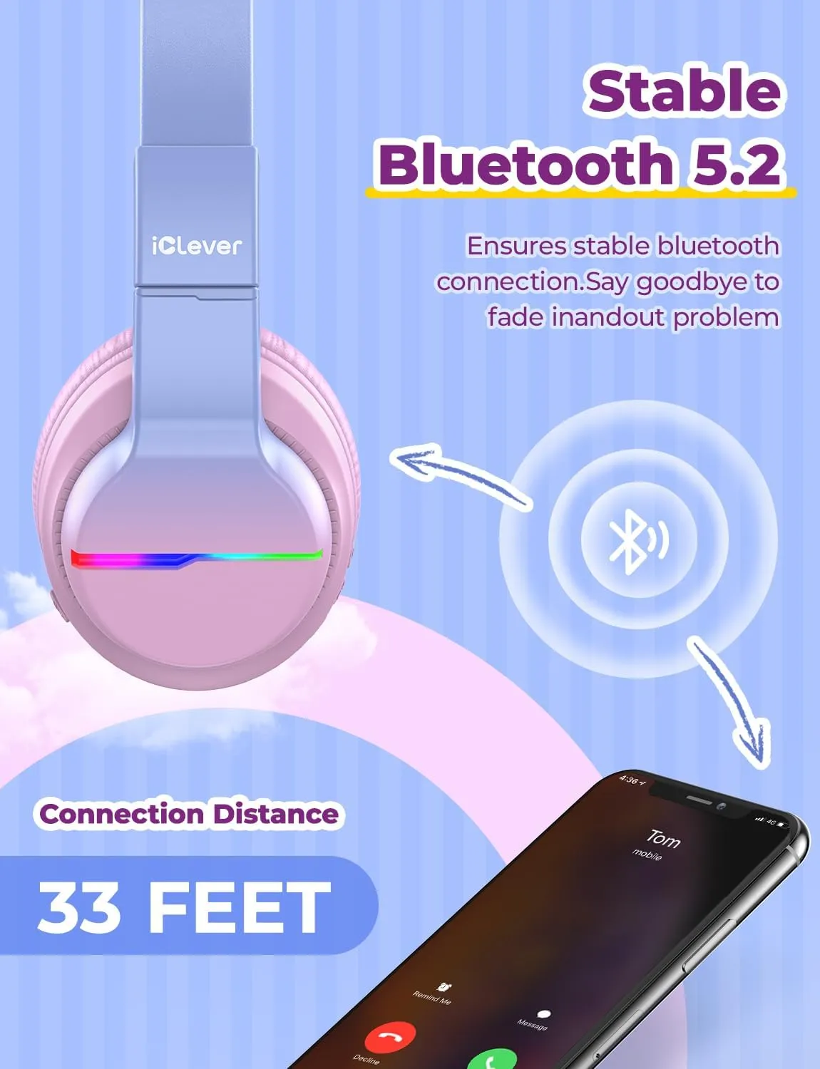 iClever BTH12 Kids Bluetooth Headphones,Colorful LED Lights,74/85dBA Safe Volume,85H Playtime,Fast Charging,Bluetooth 5.2,Over Ear Kids Headphones Wireles for iPad/Tablet/Airplane, Gradient Pink