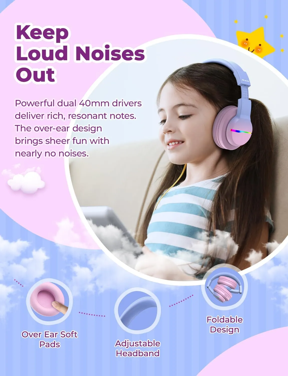 iClever BTH12 Kids Bluetooth Headphones,Colorful LED Lights,74/85dBA Safe Volume,85H Playtime,Fast Charging,Bluetooth 5.2,Over Ear Kids Headphones Wireles for iPad/Tablet/Airplane, Gradient Pink