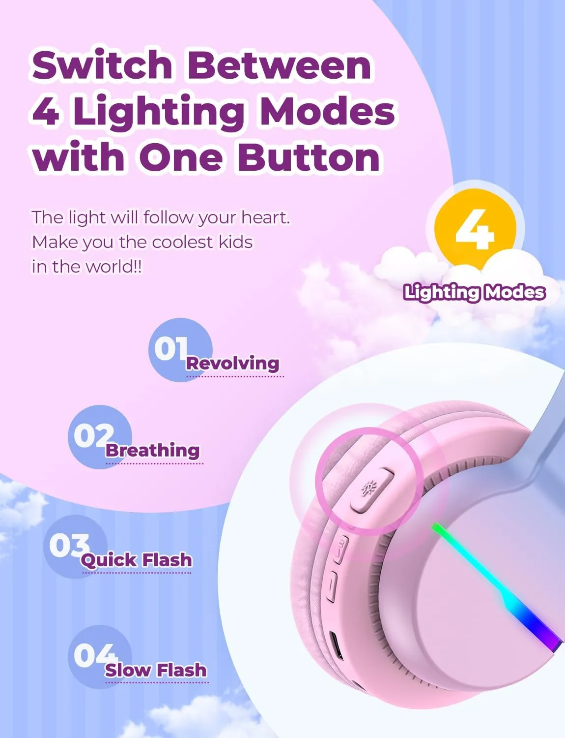 iClever BTH12 Kids Bluetooth Headphones,Colorful LED Lights,74/85dBA Safe Volume,85H Playtime,Fast Charging,Bluetooth 5.2,Over Ear Kids Headphones Wireles for iPad/Tablet/Airplane, Gradient Pink