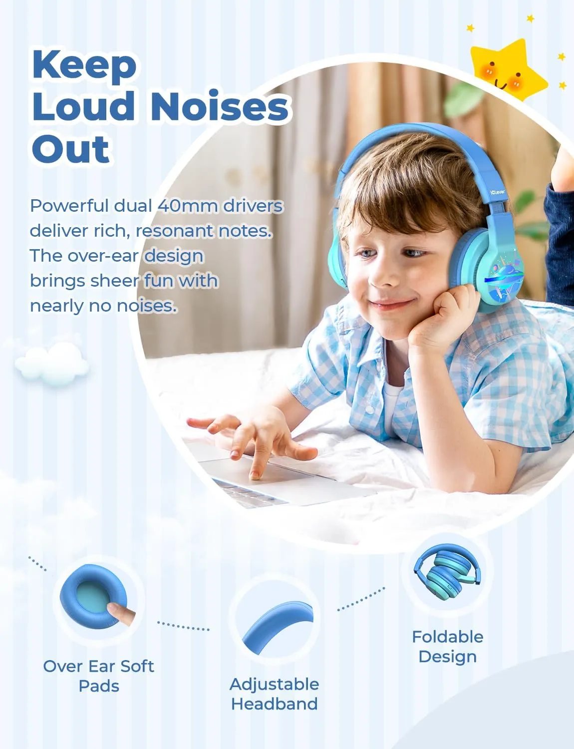 iClever BTH12 Kids Bluetooth Headphones,Colorful LED Lights,74/85dBA Safe Volume,85H Playtime,Fast Charging,Bluetooth 5.2,Over Ear Kids Headphones Wireles for iPad/Tablet/Airplane,Gradient Blue