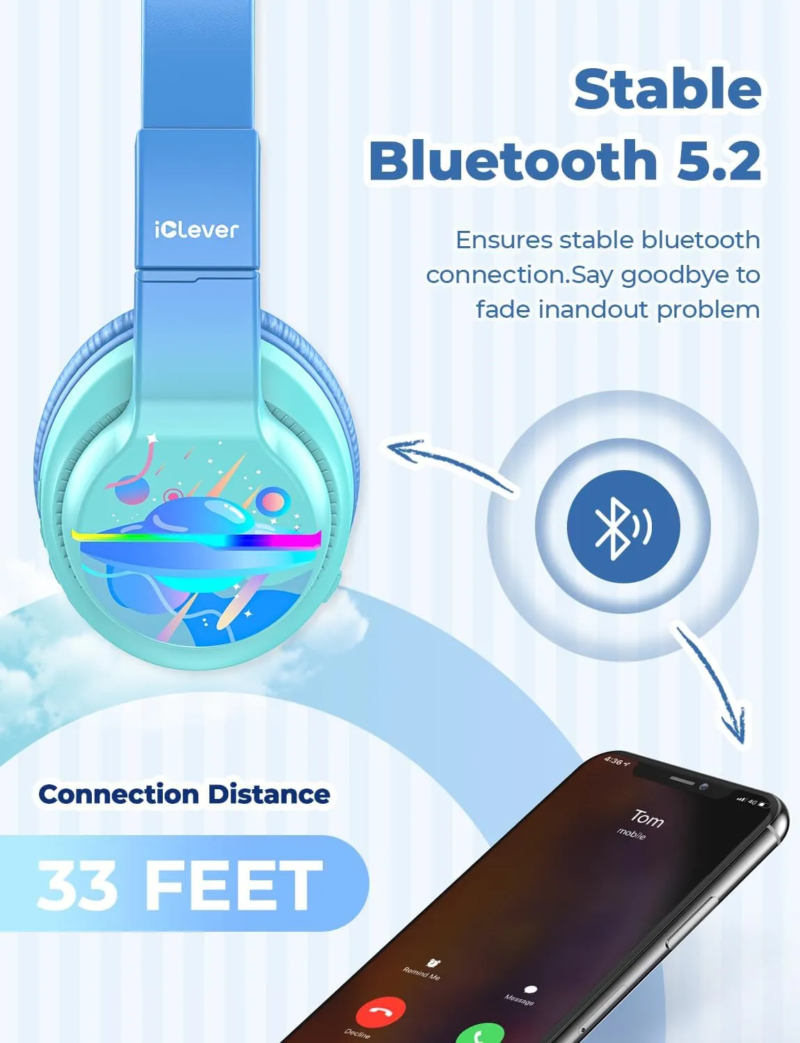 iClever BTH12 Kids Bluetooth Headphones,Colorful LED Lights,74/85dBA Safe Volume,85H Playtime,Fast Charging,Bluetooth 5.2,Over Ear Kids Headphones Wireles for iPad/Tablet/Airplane,Gradient Blue
