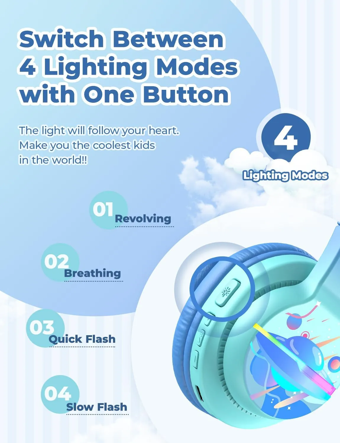 iClever BTH12 Kids Bluetooth Headphones,Colorful LED Lights,74/85dBA Safe Volume,85H Playtime,Fast Charging,Bluetooth 5.2,Over Ear Kids Headphones Wireles for iPad/Tablet/Airplane,Gradient Blue