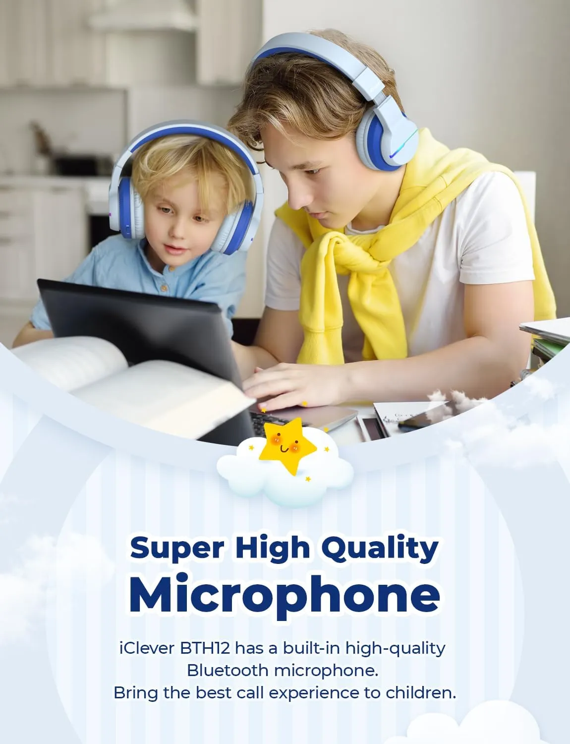 iClever BTH12 Kids Bluetooth Headphones,Colorful LED Lights,74/85dBA Safe Volume,85H Playtime,Fast Charging,Bluetooth 5.2,Over Ear Kids Headphones Wireles for iPad/Tablet/Airplane,Gradient Blue