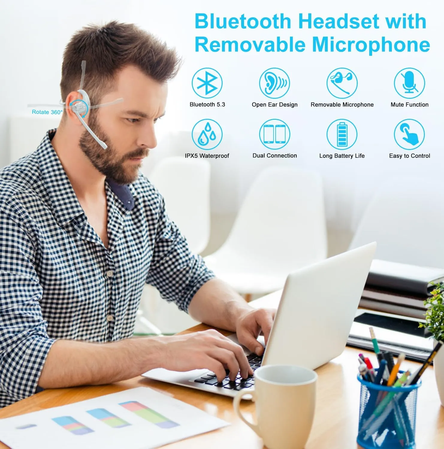 iDIGMALL Bluetooth 5.3 Headset Wireless Eabuds w/Noise Canceling Removable Boom Microphone for Phone PC Laptop, Open Ear Headphone for Office Meeting Home Work Running, Ultra-Light & Comfort, 12H