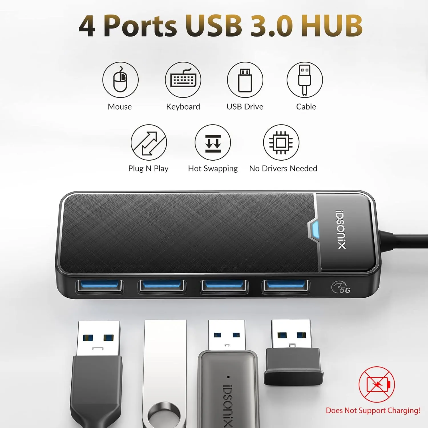 iDsonix USB3.0 Hub 4-Port USB Splitter Ultra-Slim Multiport Extender for Desktop, Laptop, Xbox, Flash Drive, HDD, Console, Printer, PC, Keyboards, Mouse[Charging Not Supported](6ft Cable)