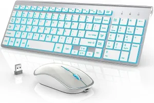 J JOYACCESS Wireless Keyboard and Mouse Combo with 7 Backlit Options,Quiet Light Up Keys,Type-C Rechargeable,Sleep Mode-2.4G Slient Portable Cordless Combo for Laptop/PC/Computer/Mac(White Sliver)
