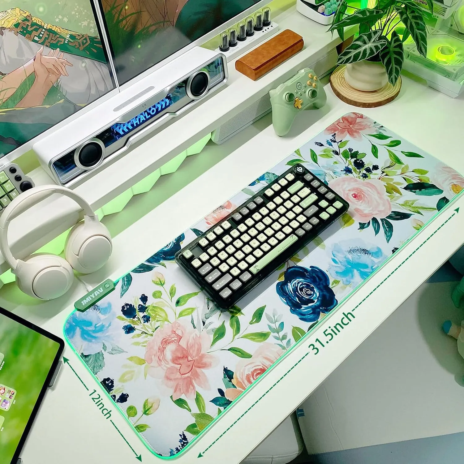 JMIYAV Ink Flower RGB White Gaming Mouse Pad 31.5x12 Inch PC XL Large Glowing Led Light Up Desk Pad Non-Slip Rubber Base Computer Cute Mousepad Mat Desk Accessories Gaming Setup 31.5x12 Inch