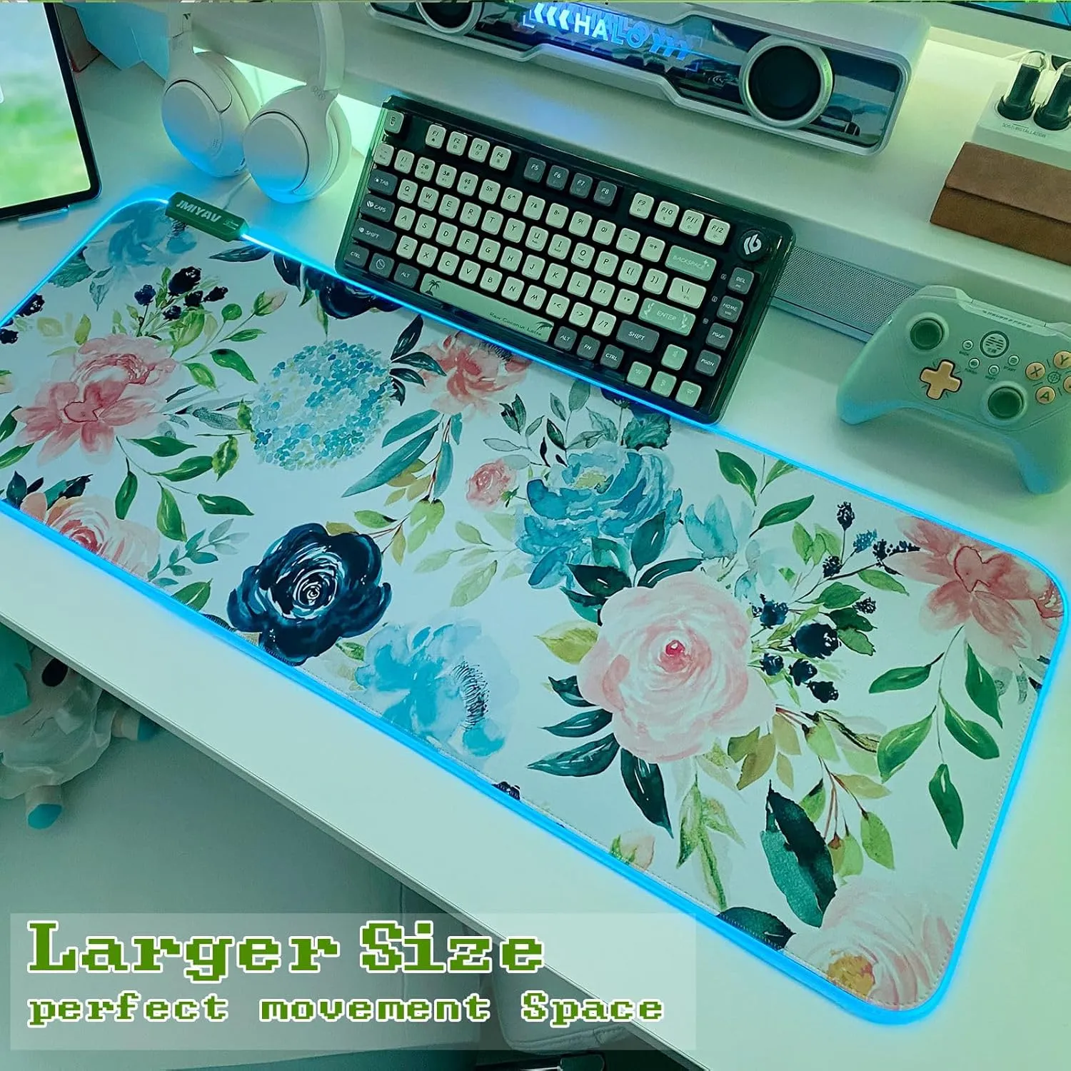 JMIYAV Ink Flower RGB White Gaming Mouse Pad 31.5x12 Inch PC XL Large Glowing Led Light Up Desk Pad Non-Slip Rubber Base Computer Cute Mousepad Mat Desk Accessories Gaming Setup 31.5x12 Inch