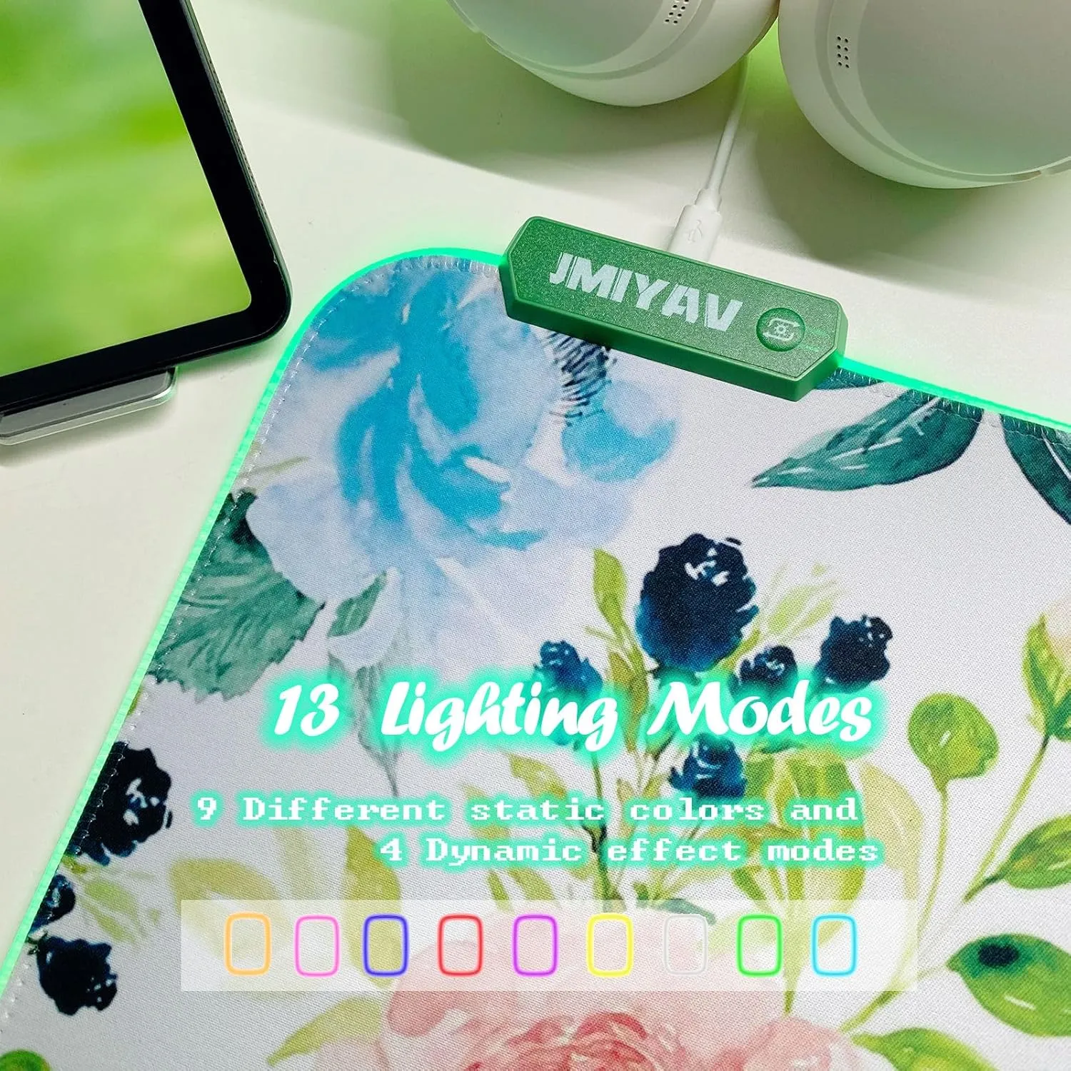 JMIYAV Ink Flower RGB White Gaming Mouse Pad 31.5x12 Inch PC XL Large Glowing Led Light Up Desk Pad Non-Slip Rubber Base Computer Cute Mousepad Mat Desk Accessories Gaming Setup 31.5x12 Inch