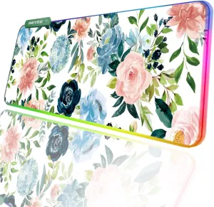 JMIYAV Ink Flower RGB White Gaming Mouse Pad 31.5x12 Inch PC XL Large Glowing Led Light Up Desk Pad Non-Slip Rubber Base Computer Cute Mousepad Mat Desk Accessories Gaming Setup 31.5x12 Inch