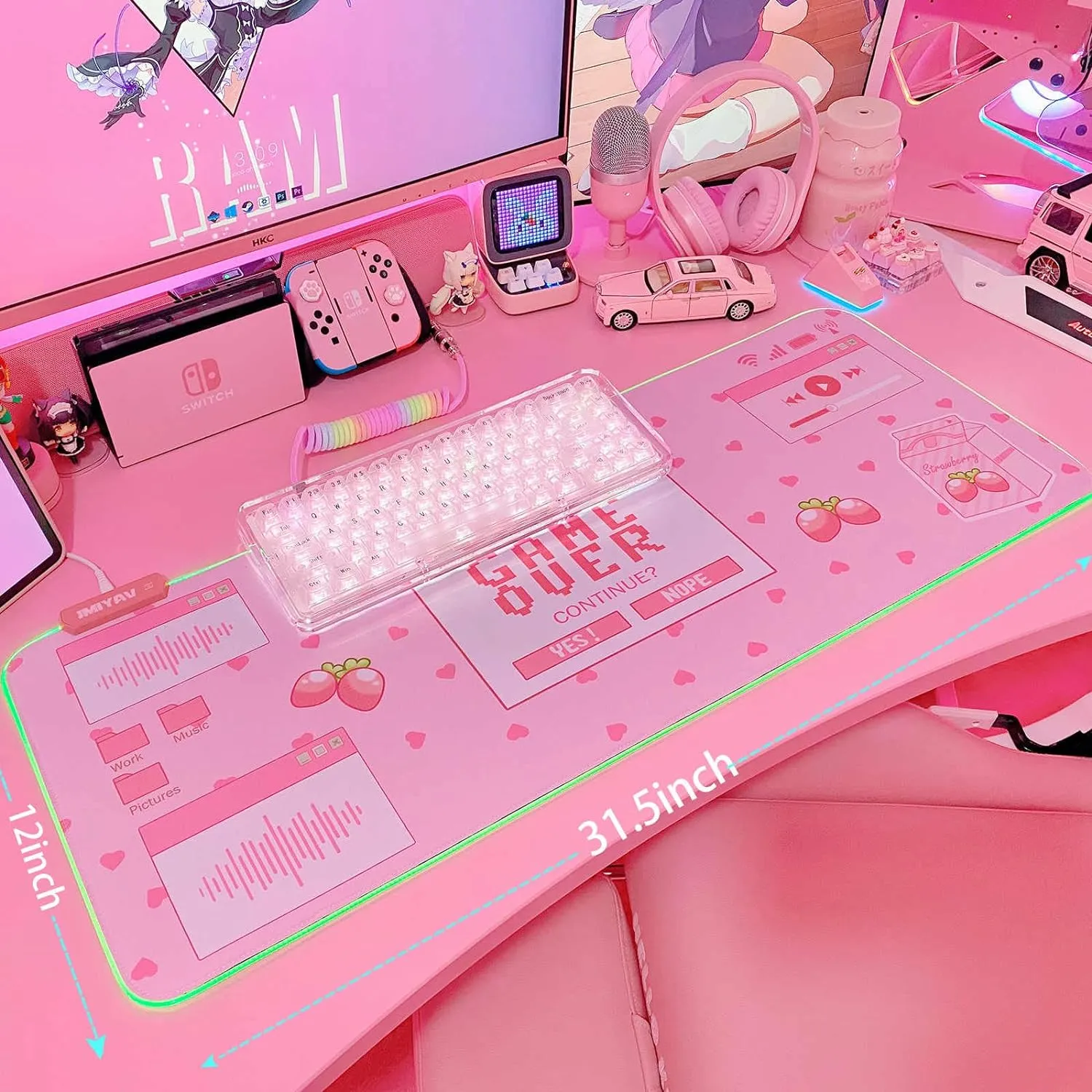 JMIYAV Pink RGB Gaming Mouse Pad 31.5x12 Inch PC XL Large Extended Glowing Led Light Up Desk Pad Non-Slip Rubber Base Computer Mouse Pad Cute Mousepad Mat 31.5x12 Inch