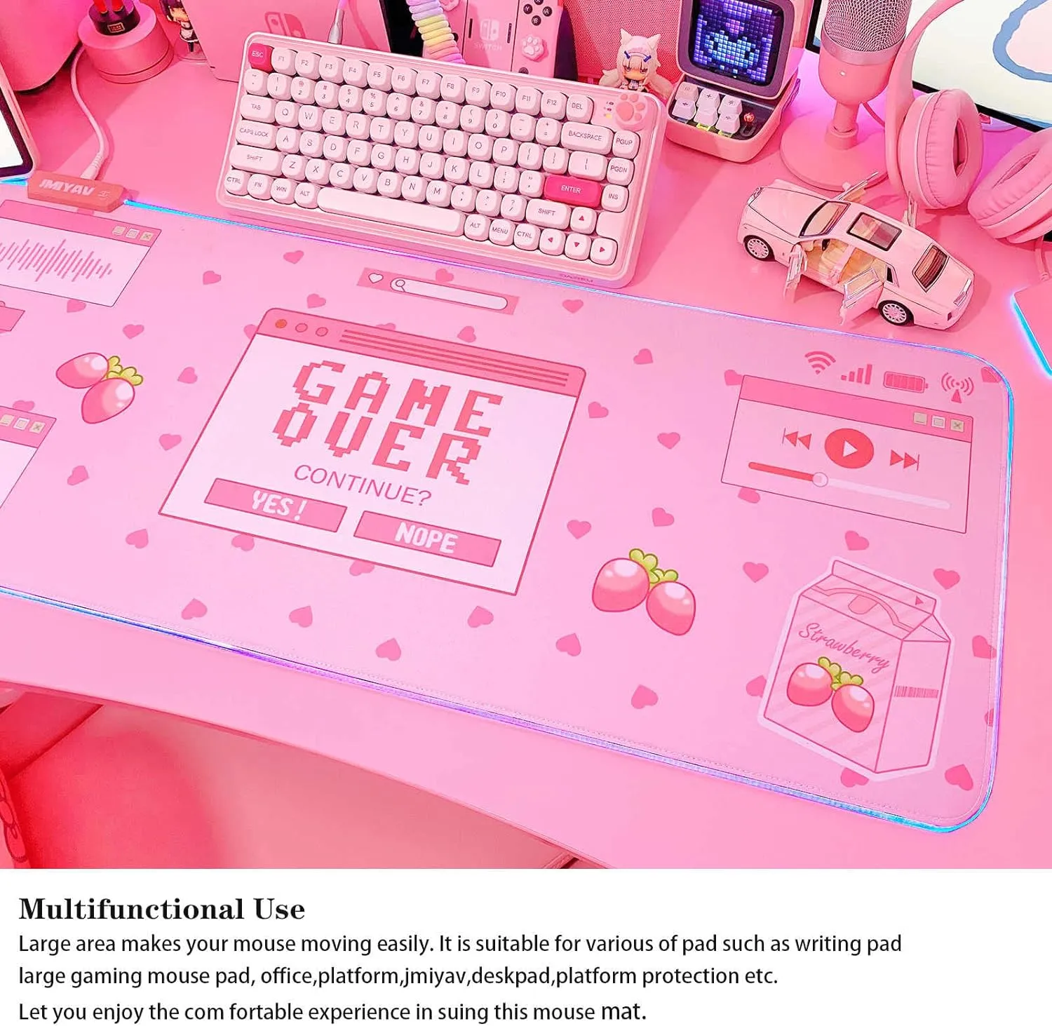 JMIYAV Pink RGB Gaming Mouse Pad 31.5x12 Inch PC XL Large Extended Glowing Led Light Up Desk Pad Non-Slip Rubber Base Computer Mouse Pad Cute Mousepad Mat 31.5x12 Inch