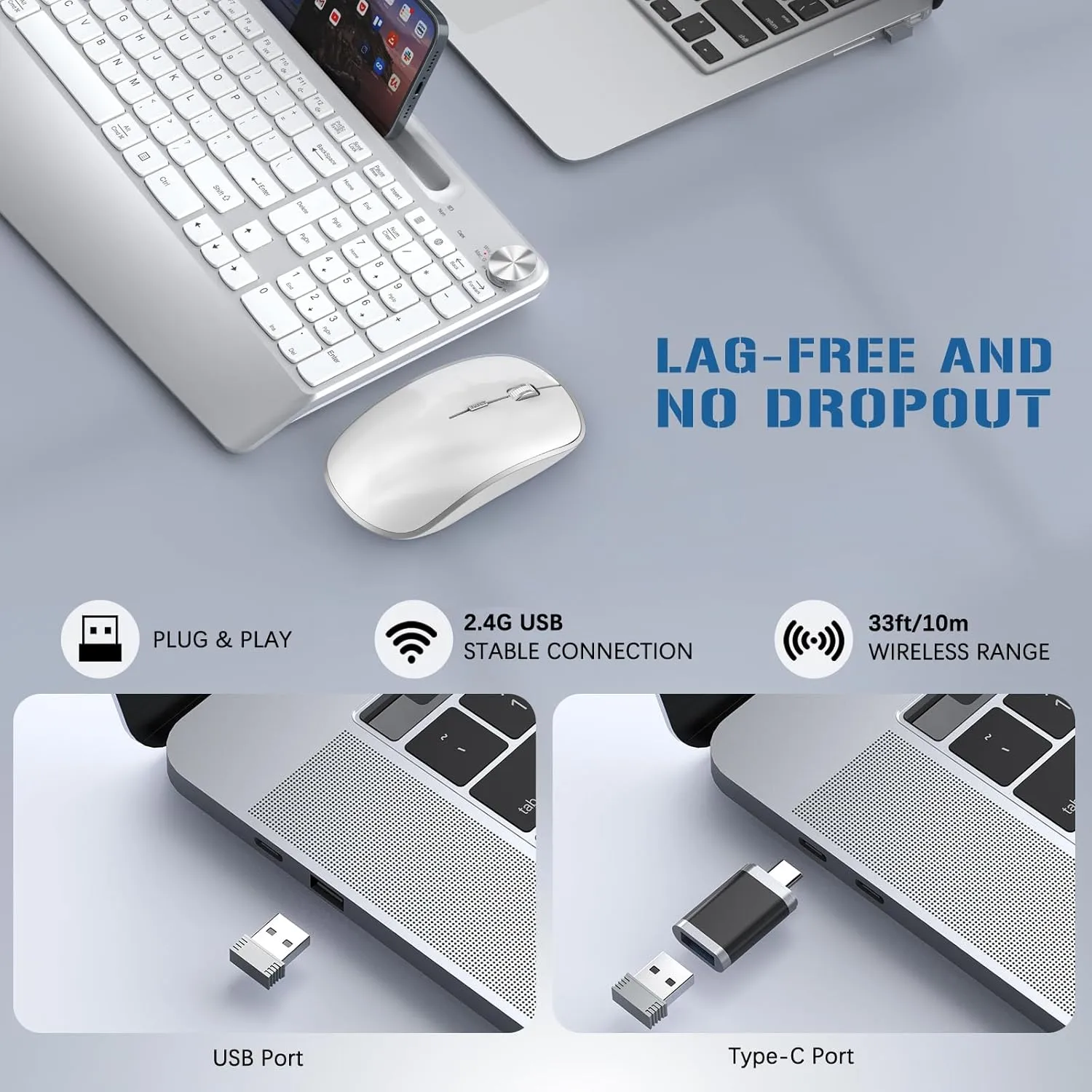 JOYACCESS Ergonomic Wireless Keyboard and Mouse, Full Size Wireless Keyboard Designed with Phone Holder and Wrist Rest,Volume Roller for Computer Mac PC Laptop-Silver