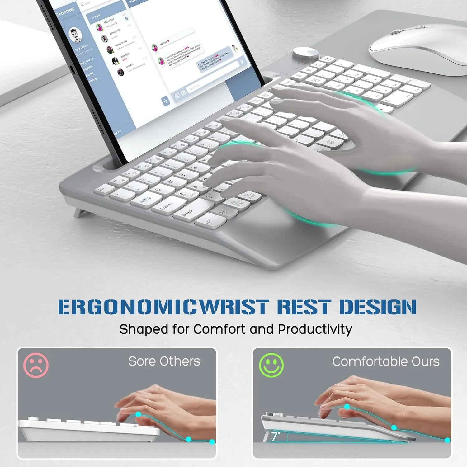 JOYACCESS Ergonomic Wireless Keyboard and Mouse, Full Size Wireless Keyboard Designed with Phone Holder and Wrist Rest,Volume Roller for Computer Mac PC Laptop-Silver