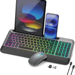 JOYACCESS Wireless Keyboard and Mouse Combo Backlit - Compact Quiet Keyboard with RGB Mouse, Rechargeable, Portable Cordless Keyboard Mouse Set for Mac, Windows, Laptop (Space Gray)