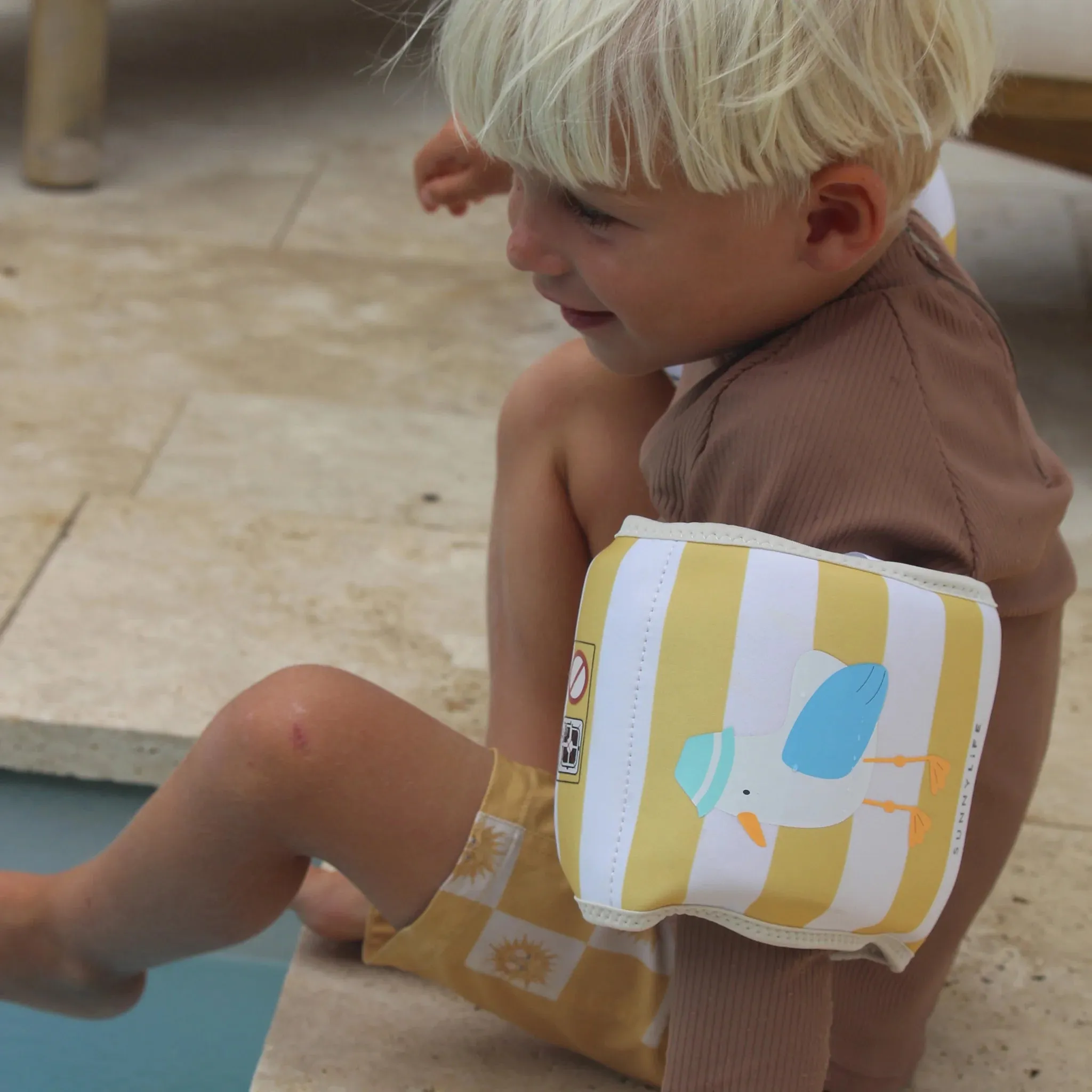 Kids Neoprene Arm Bands - Sid the Seagull Mustard Stripe