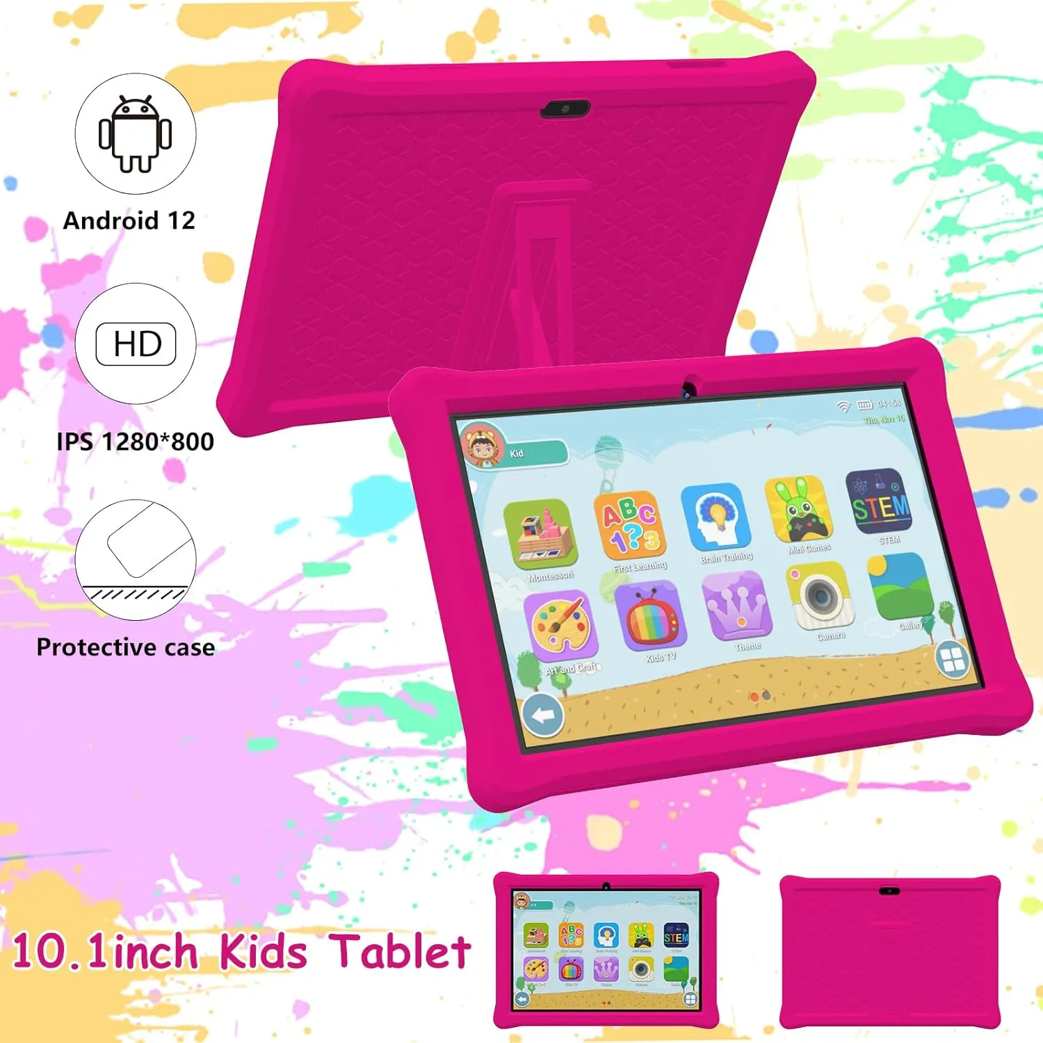Kids Tablet 10 inch, Android Tablets for Kids, 4GB RAM 32GB ROM Android 12 Tablets IPS Touch Screen 1280x800, Iwawa & Parent Control Toddler Tablet, WiFi, Dual Camera, 6000mAh Battery, Shockproof Case