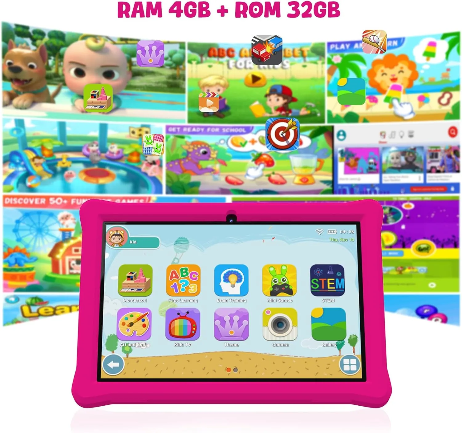 Kids Tablet 10 inch, Android Tablets for Kids, 4GB RAM 32GB ROM Android 12 Tablets IPS Touch Screen 1280x800, Iwawa & Parent Control Toddler Tablet, WiFi, Dual Camera, 6000mAh Battery, Shockproof Case