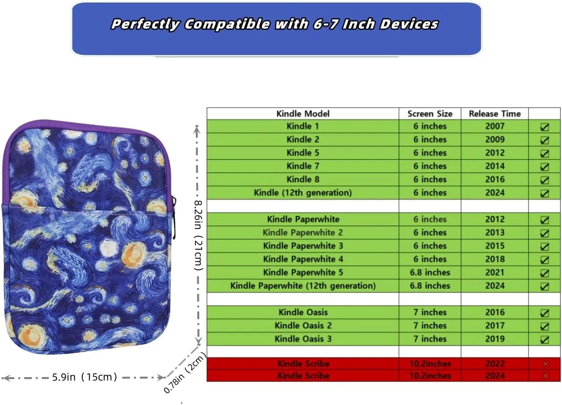 Kindle Case, 6-7 inch Nylon Protective Cover, Travel Carrying Bag for Paperwhite 2021, Fire 7 2022, Kindle Oasis (Astral)