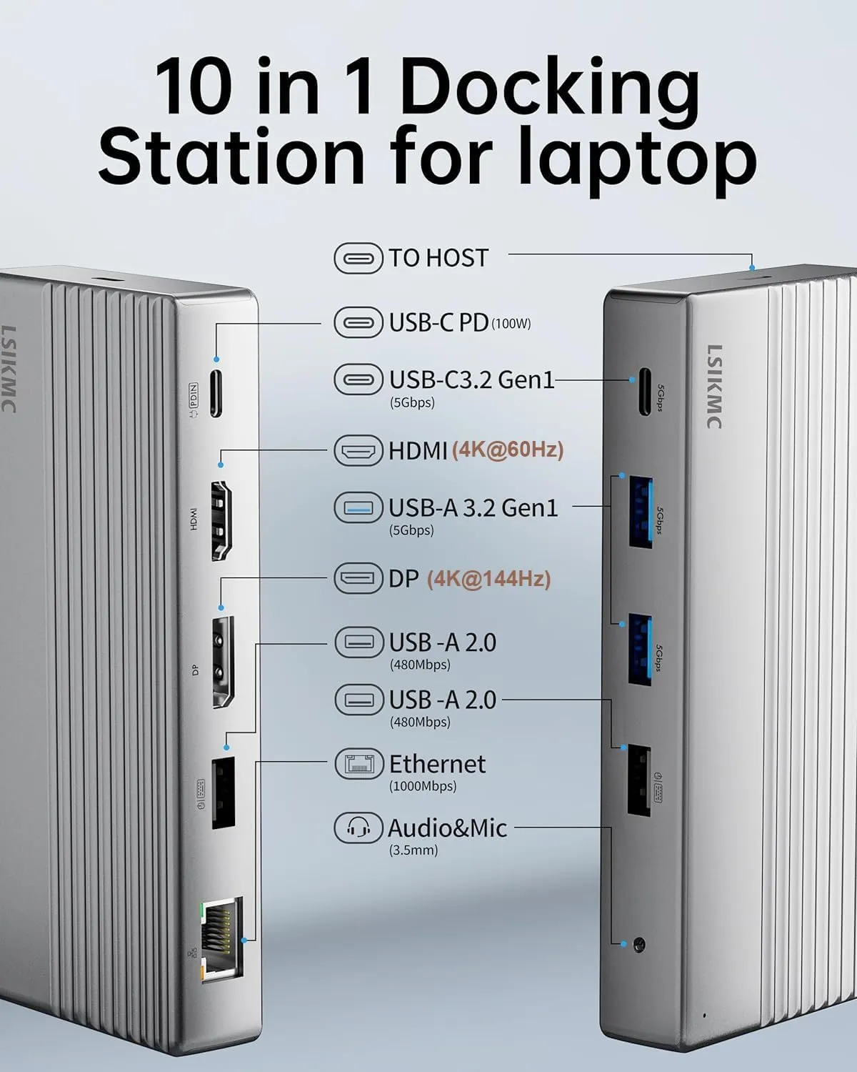 Laptop Docking Station Dual Monitor 4K@60Hz, USB C Dock(10-in-1) with HDMI 4k, DP(4K@144Hz), 100W PD, Ethernet, 4USB, SD/TF Card, Multi-Port USB c hub for HP/Dell/Surface/MacBook/Lenovo Laptops