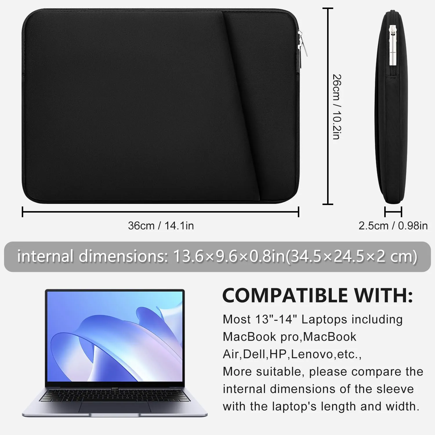 Laptop Sleeve Case with Zipper Accessory Pocket Compatible with 13 to 14 inches MacBook Air/Pro HP Acer Padded Computer Pouch Cover Shockproof Protective for 13 to 14 Laptop/Chromebook/Tablet,Black