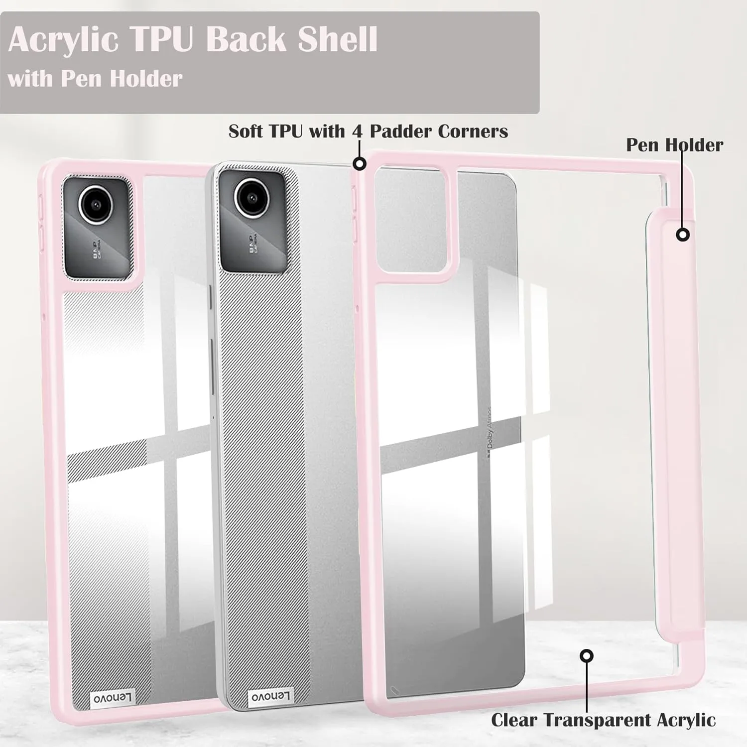 Lenovo Tab M11 11 inch Case with Pen Holder, Transparent Clear Acrylic Soft TPU Protective Cover for Lenovo M11 Tablet TB330FU, Pink