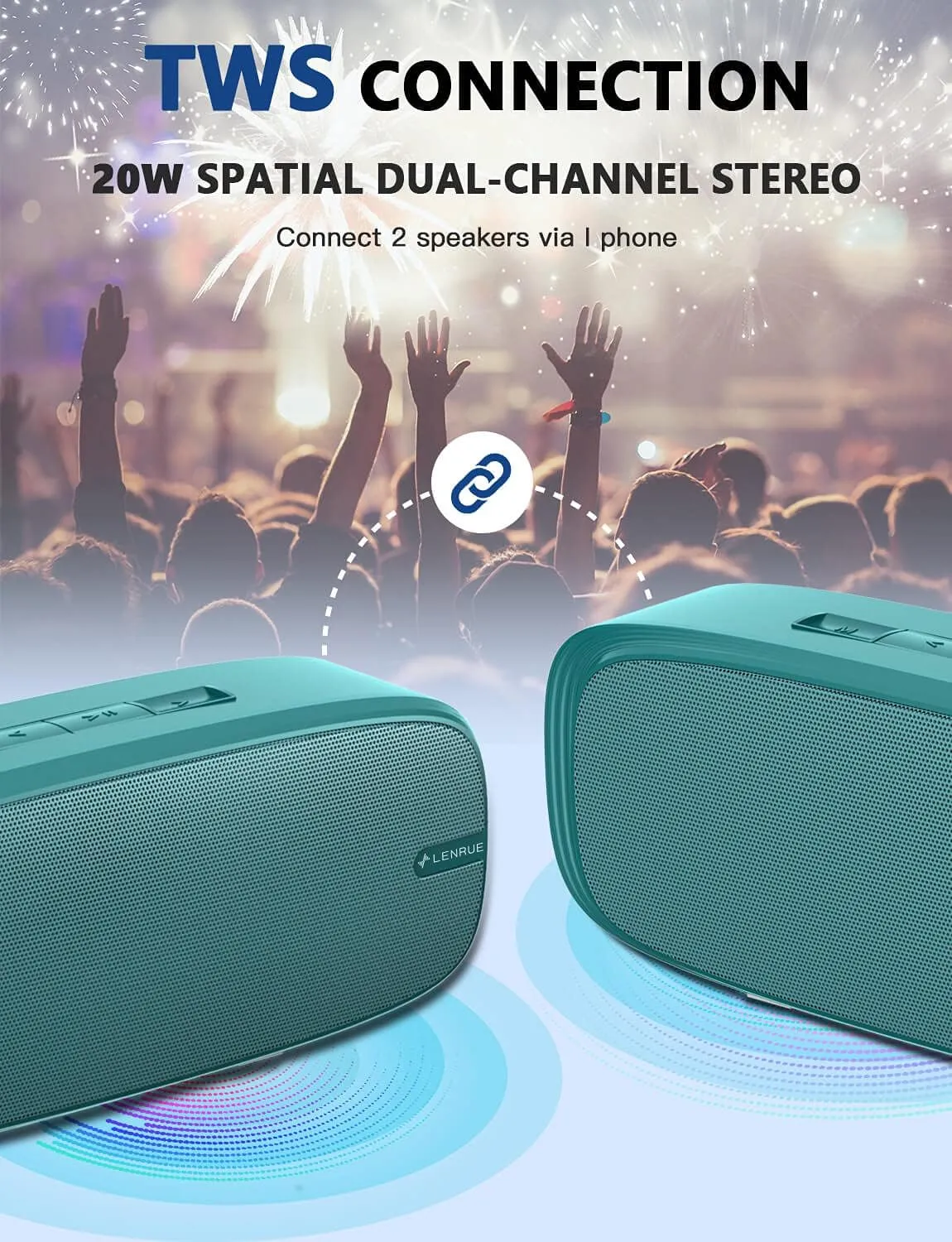 LENRUE Bluetooth Speaker, Wireless Portable Speaker with Loud Stereo Sound, Rich Bass, 12-Hour Playtime, Built-in Mic. Perfect for iPhone, Samsung and More (Green)