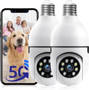 Light Bulb Security Camera Outdoor, 5G& 2.4GHz WiFi Security Cameras Wireless for Home Security, Motion Detection, Color Night Vision, Siren Alarm, Bulb Camera Compatible with Alexa(2 Pack)