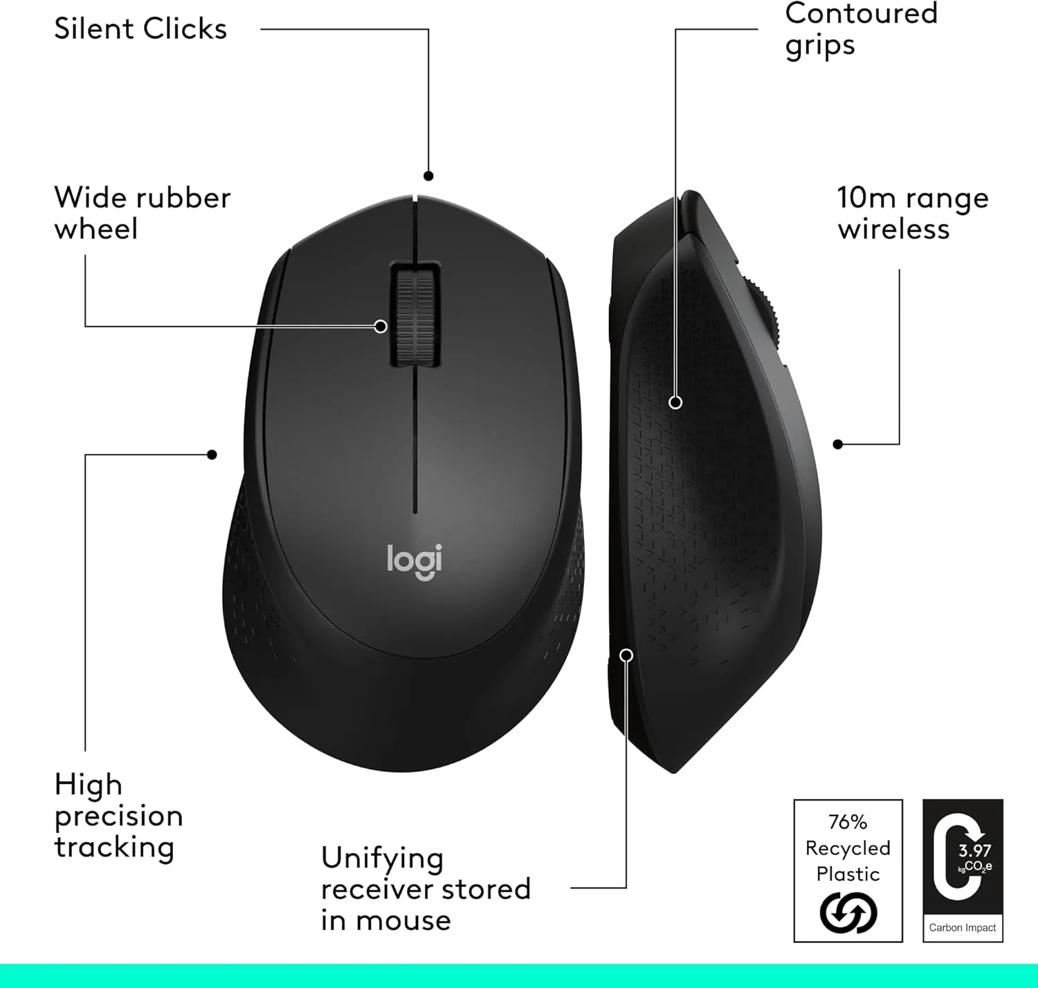 Logitech M330 SILENT Wireless Mouse, 2.4GHz with USB Receiver, Optical Tracking, Quiet & Lightweight, Long Battery Life, for PC, Mac, Laptop, Chromebook - Black