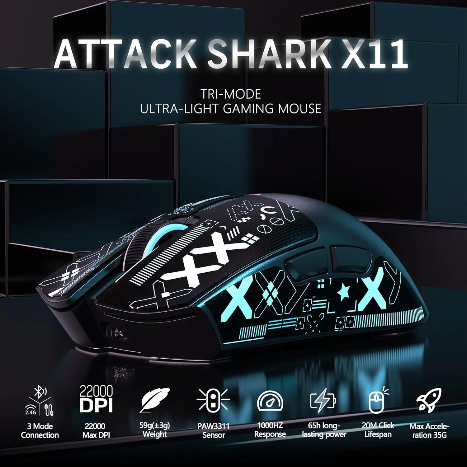 MAGIC-REFINER Attack Shark X11 59g Superlight Wireless Gaming Mouse with Grip Tape, RGB Charging DockBT/2.4G Wireless/Wired Pc Mouse, 22000 DPI,5 Programmable Buttons for Pc/Mac(Black)