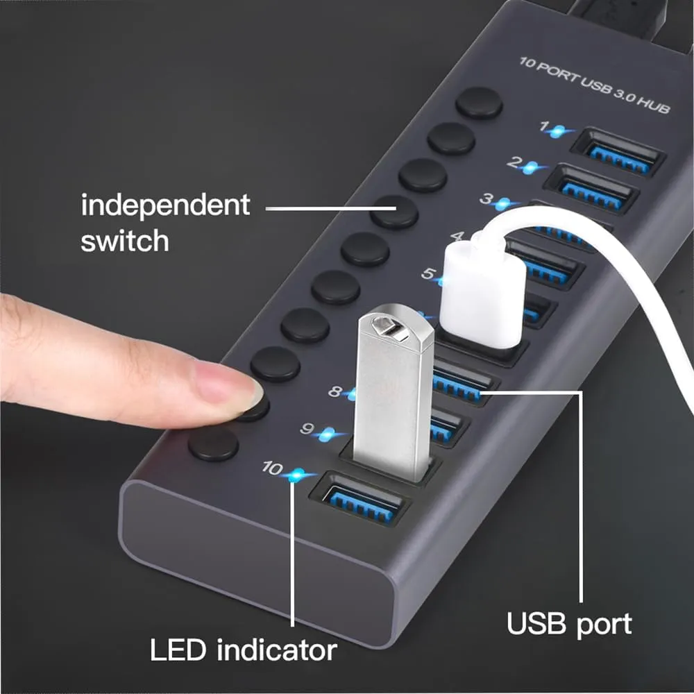 MaxLax 10 Port Aluminum USB 3.0 hub with 10 Port USB Data Transfer,Power Adapter USB Splitter Independent Switch