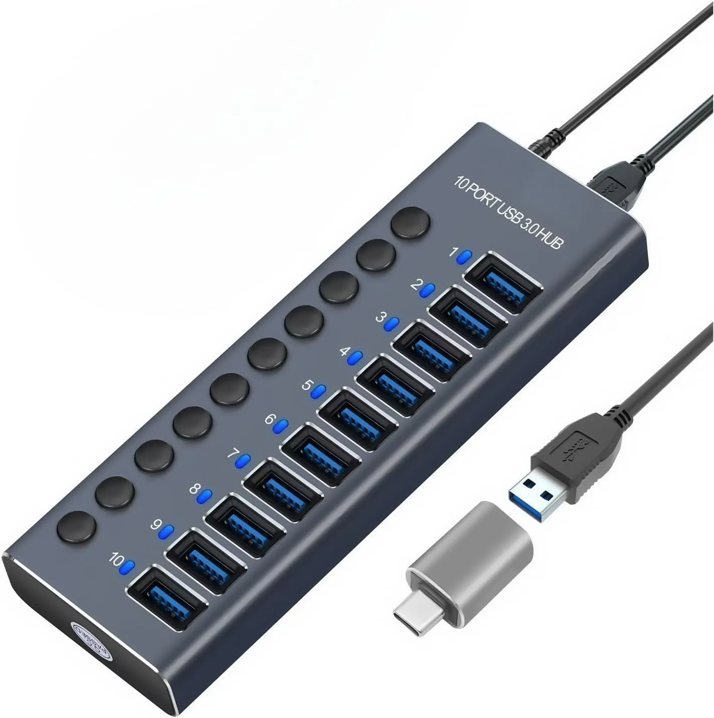 MaxLax 10 Port Aluminum USB 3.0 hub with 10 Port USB Data Transfer,Power Adapter USB Splitter Independent Switch