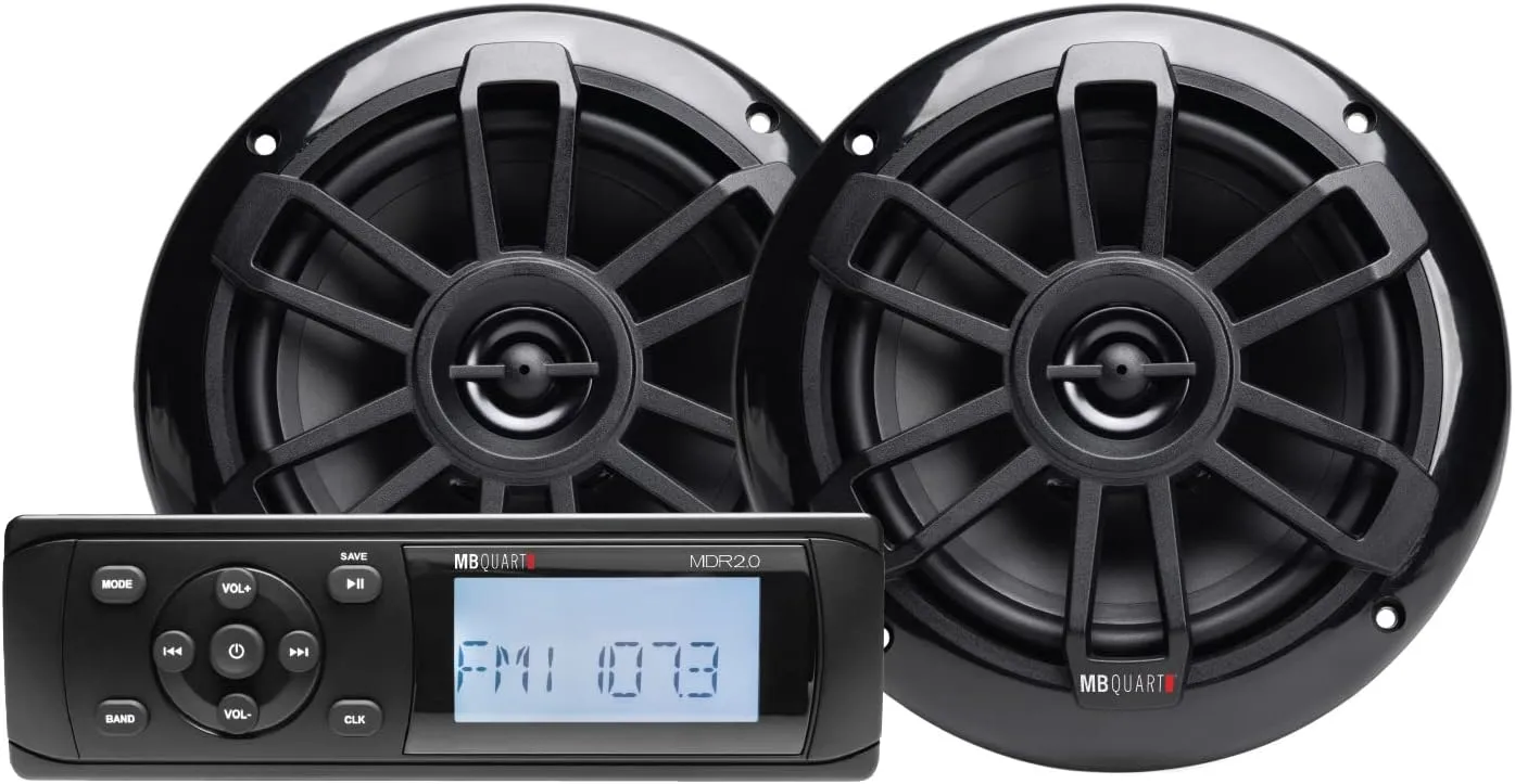 MB Quart Coaxial Speakers with Bluetooth Source Unit (Black)  6.5 Inch, 160 Watt Each, Marine Grade Waterproof, LCD Display, Set of 2 Speakers for Marine, RV