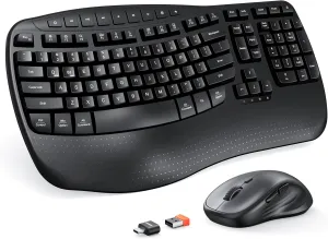 MEETION New Ergonomic Keyboard and Mouse Wireless Combo, Wave Keys Natural Typing, 2.4G Wireless Keyboard with Wrist Rest, 4 Adjustable DPI Optical Mouse, Computer/Laptop/Windows/Mac, Black