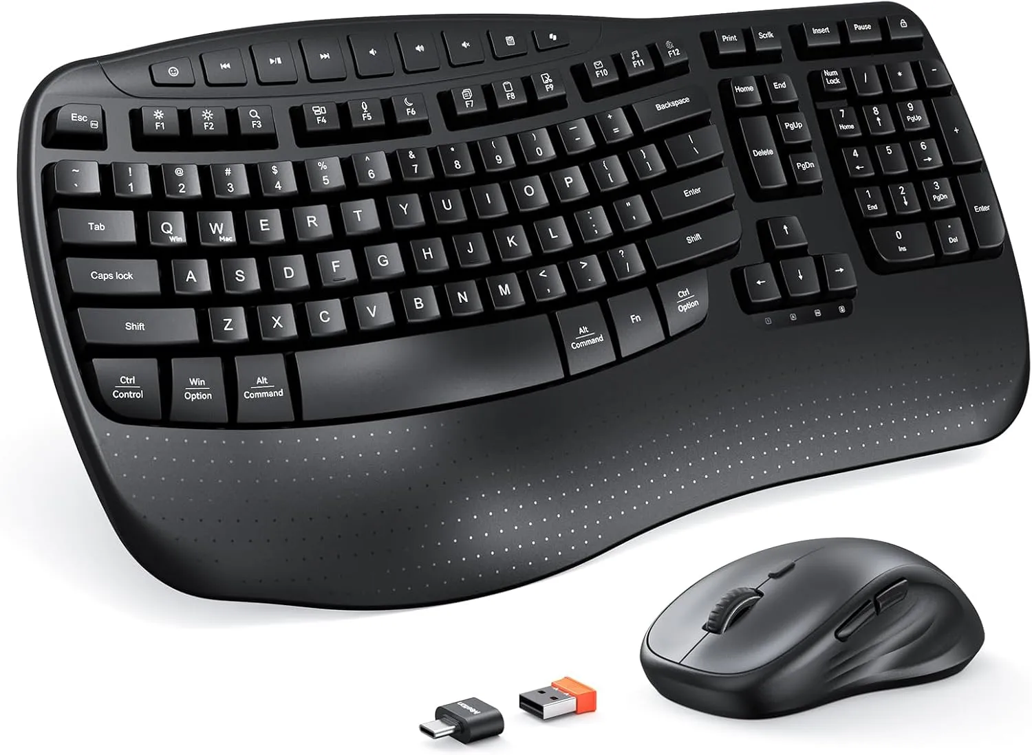 MEETION New Ergonomic Keyboard and Mouse Wireless Combo, Wave Keys Natural Typing, 2.4G Wireless Keyboard with Wrist Rest, 4 Adjustable DPI Optical Mouse, Computer/Laptop/Windows/Mac, Black