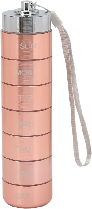 Metal Organizer, Stackable Metal Weekly Travel Organizer, Portable Aluminum Alloy Tablets Box with Lanyard Rose Gold for Vitamin, Fish Oil & Supplement