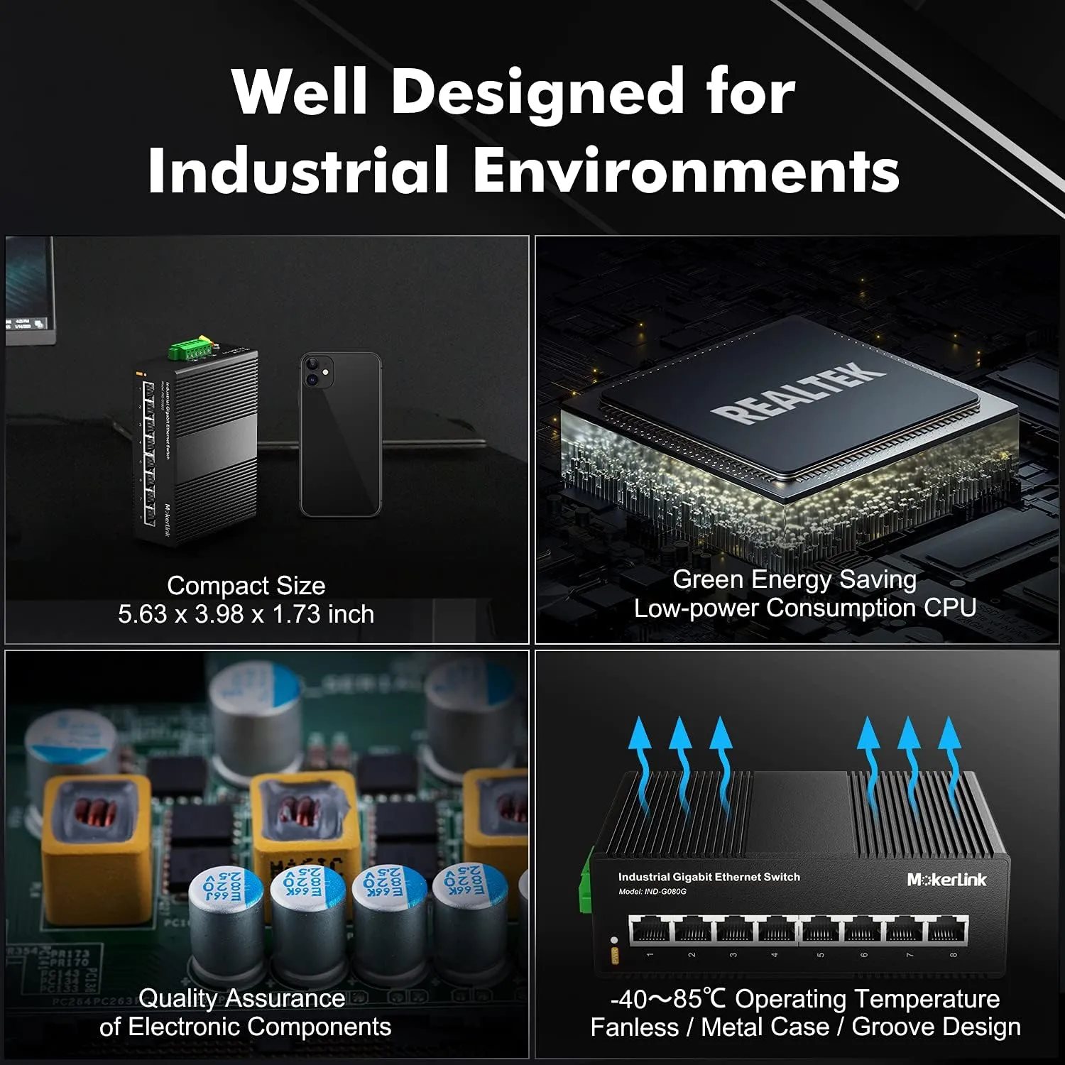 MokerLink 8 Port Gigabit Industrial DIN-Rail Ethernet Switch, 16Gbps Switching Capacity, IP40 Rated Network Switch (-40 to 185F), with UL Power Supply