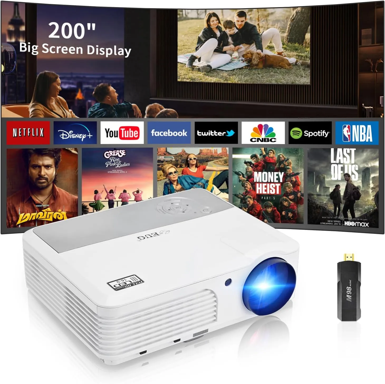 Movie Projector with Android Stick-Include 8000 APPS , 1080P Projector 200" Screen Home Theater 7500LM Smart Outdoor Wireless Video Projector Support Smartphone/Laptop/PC, Include 8000 APPS