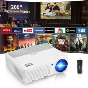 Movie Projector with Android Stick-Include 8000 APPS , 1080P Projector 200" Screen Home Theater 7500LM Smart Outdoor Wireless Video Projector Support Smartphone/Laptop/PC, Include 8000 APPS