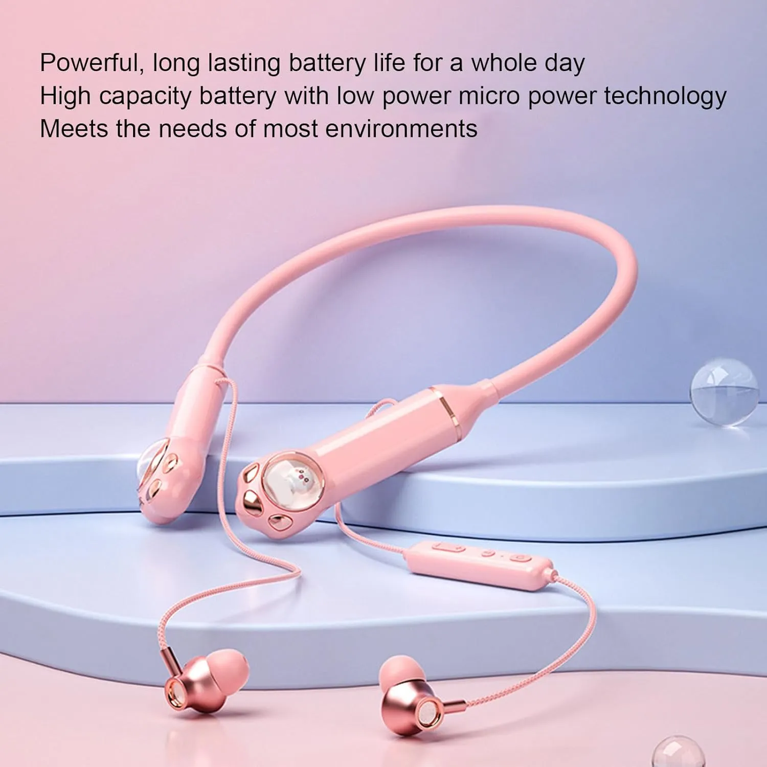 Neckband Bluetooth Headphones, Wireless Bluetooth 5.3 Stereo Neckband Earbuds with Microphone, IPX5 Water Proof, 40H Long Playtime, Cute Cat Design (Roseate)