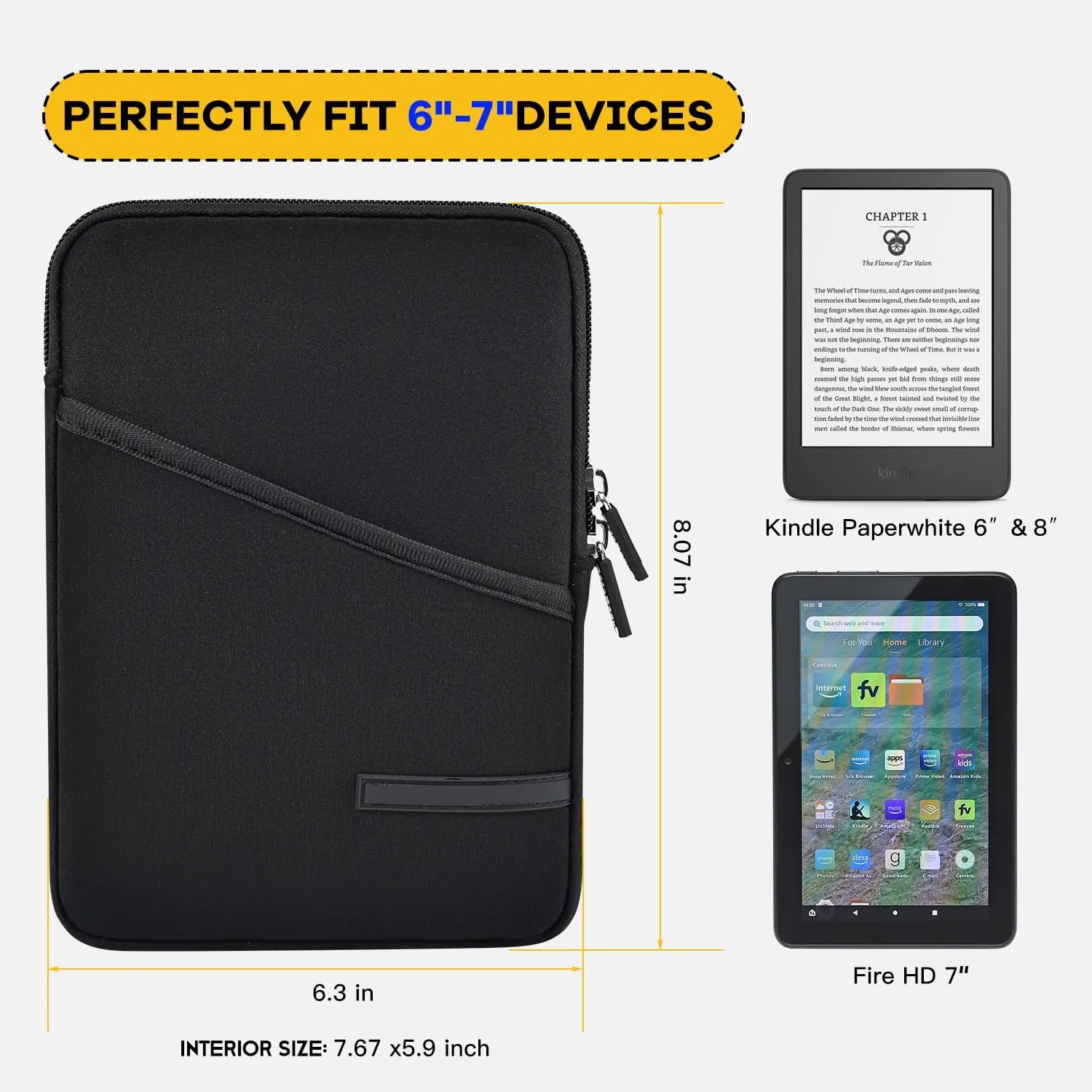 Neoprene Tablet Sleeve for 6-6.8" Amazon Kindle Paperwhite, Fire HD 7", 6" Kobo Clara 2E eReader Pouch Case Bag for 6" Kindle/Kindle Oasis/E-Reader, Black