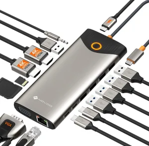 NOVOO USB C Docking Station Dual Monitor, 15 in 1 Docking Station 3 Monitors with 2 HDMI,VGA,USB C/A Ports, 100W PD, RJ45, SD/TF and Audio, Multiport Adapter for MacBook/Dell/iPhone/iPad/HP/Lenovo