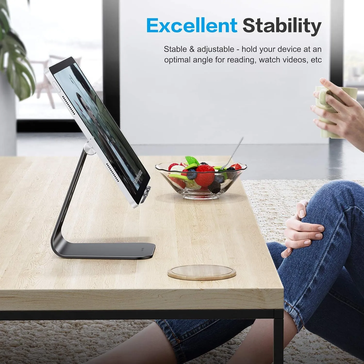 OMOTON Adjustable Tablet Stand for Desk, Upgraded Longer Arms for Greater Stability, T2 Tablet Holder with Hollow Design for Bigger Sized Phones and Tablets Such as iPad Pro/Air/Mini, Black
