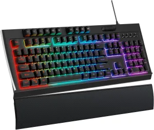 OMOTON Gaming Keyboard with Magnetic Wrist Rest, Low Profile and Slient Membrane Keys, Programmable RGB, Wired Backlit Keyboard for Windows Laptop PC Mac etc, Classic Black